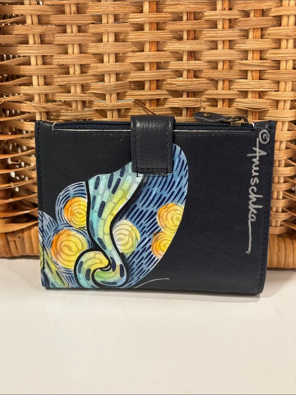 Anuschka Hand-Painted Love in Paris Butterfly Navy RFID Bifold Wallet  NWOT